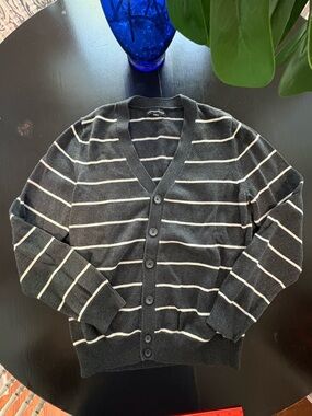 Express Men's Charcoal Gray and White Striped V-Neck Cardigan
